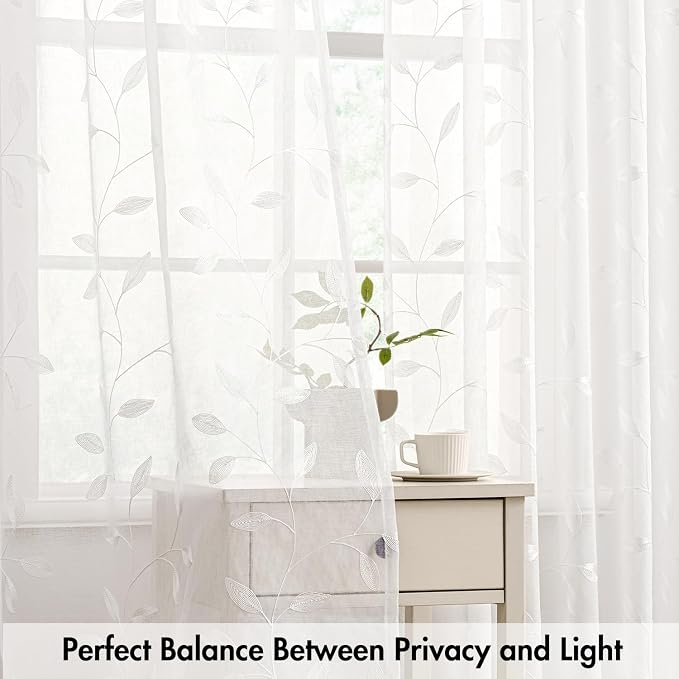 MIULEE White Sheer Curtains 2 Panels Embroidered Leaf Patterned Rod Pocket Floral Semi Sheer Faux Linen Window Curtains Drapes Set for Living Room Bedroom Dining Room, 52x96 Inches Long