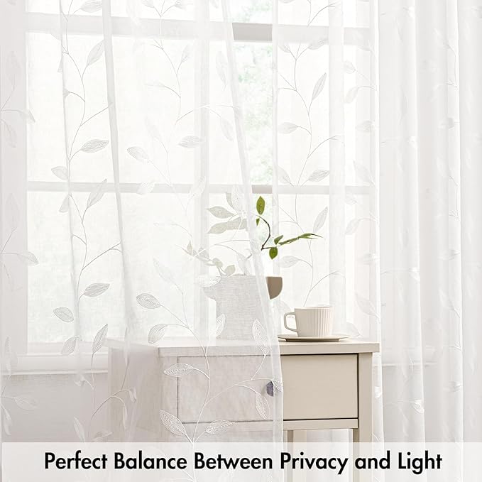 MIULEE White Sheer Curtains 2 Panels Embroidered Leaf Patterned Rod Pocket Floral Semi Sheer Faux Linen Short Window Curtains Drapes Set for Kitchen Living Room Bedroom, 52x54 Inches Length