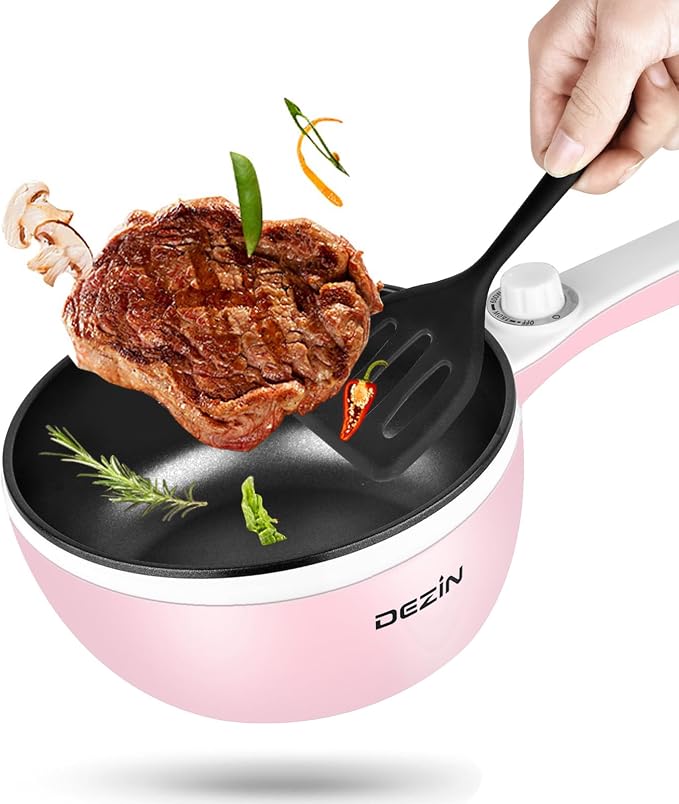 Dezin Electric Pot, 1.5L Non-Stick Portable Hot Pot Electric Upgraded, 700W | Dual Power, Electric Pot for Cooking Steak, Egg, Soup, Mini Ramen Cooker for Dorm, Travel, Camping, RV, Office, Pink Pan