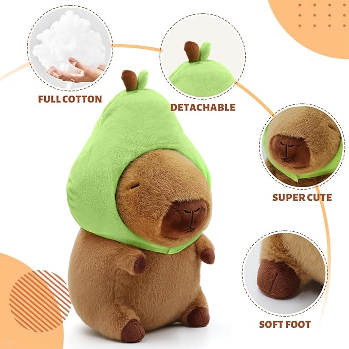 Capybara Plush, Cute Capybara Plush Toy Wear Removable Avocado Hat, Kawaii Soft Capybara Plushie Pillow, 14 inch Capybara Stuffed Animal Hugging Plushy Gifts for Kids Adults (Medium)