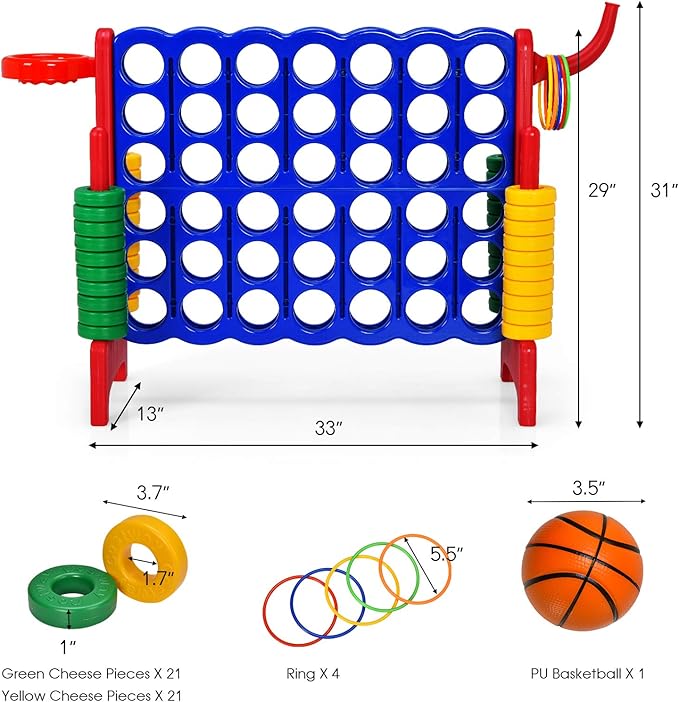 COSTWAY Jumbo 4-to-Score Giant Game Set for Kids & Adults, 2.5Ft Indoor Outdoor Game with Basketball Hoop, Ring Game, 42 Jumbo Rings, Quick-Release Slider, Perfect for Birth & Holiday Party