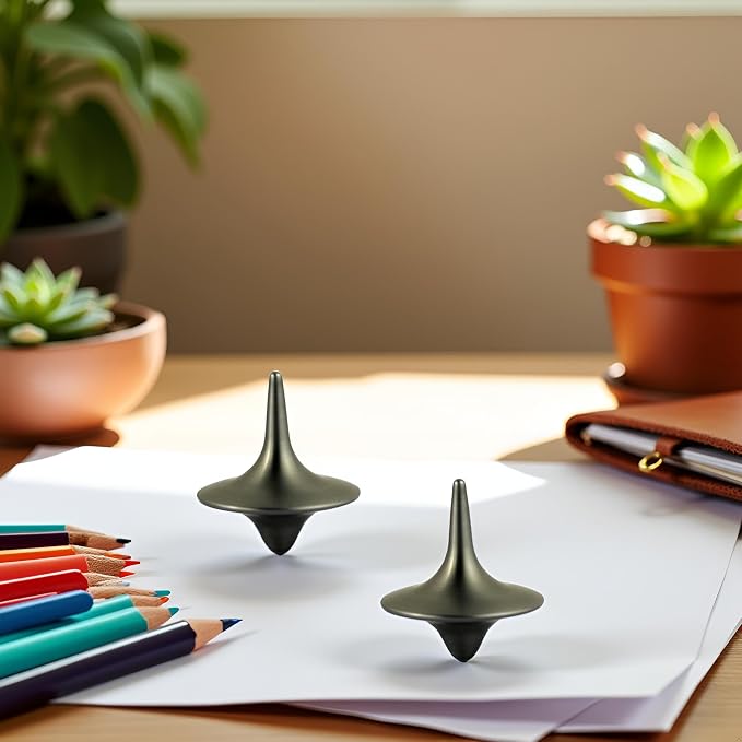 2Pcs Silver Accurate Spinning Top,Forever Spin,Portable Precision Metal Spinner Top Premium Exquisite Perfect Balance Desktop Gyro Ornaments Vintage Totem Zinc Alloy Prop Desk Little Fidget Ornament