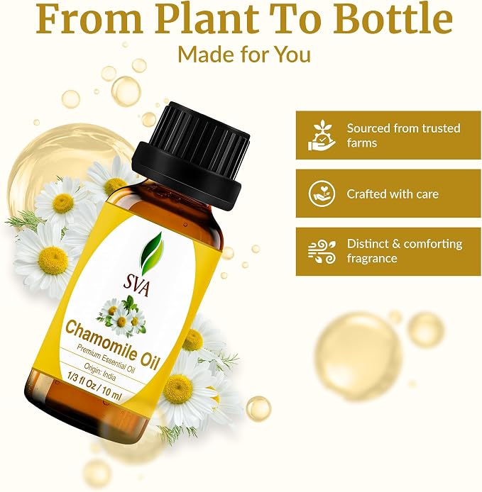 SVA Chamomile Essential Oil 1/3 Fl Oz – for Diffuser, Skin & Hair Care – Ideal for Massage & DIY Blends