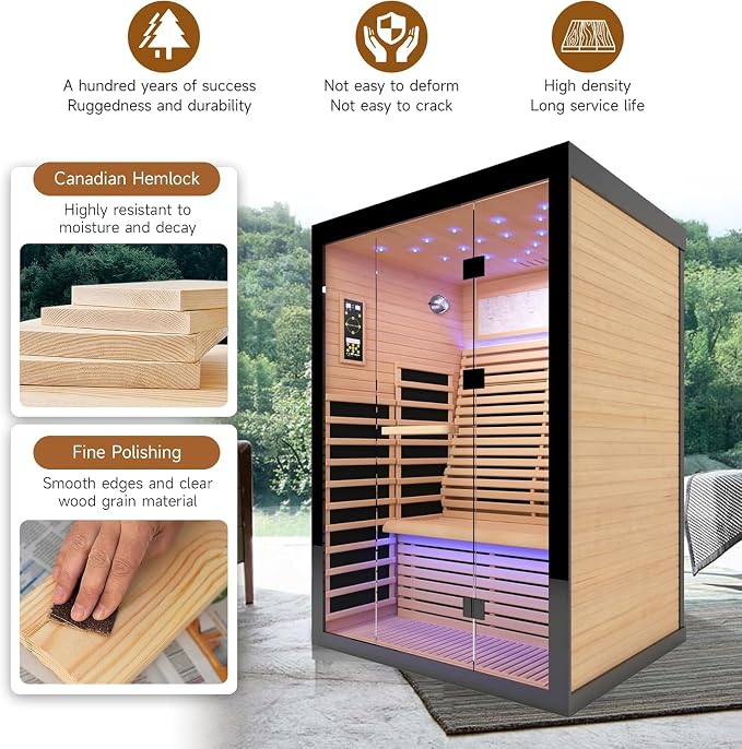 Infrared Sauna 2 Person Low-EMF Far Infrared Sauna for Home Gym Spa | Canadian Hemlock Wood Indoor Dry Saunas with Oxygen Bar, Starry Sky Lights Ceiling, Speakers -2160W 丨 53.1 * 47.2 * 74.8 in