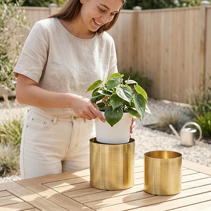 MyGift Modern Brushed Brass Plated Indoor Plant Pot, Cylindrical Metal Vase, 5 and 6 Inch, Set of 2 - Handcrafted in India