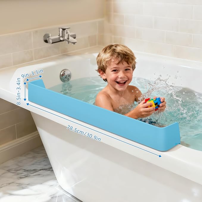 Extended Super Long Kids Bathtub Splash Guard - 32 Inch Food-Grade Silicone, 11 Strong Suction Cups, Toy Tray Caddy & Bath Toy Storage, No Spill Barrier (Blue)