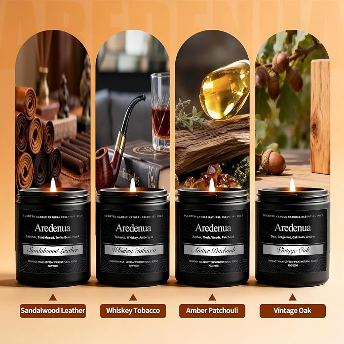 Mens Candle Set – Manly Candles for Men, 4 Pack Soy Candles for Home Scented, Masculine Candle Gift Set - Includes Sandalwood Leather, Whiskey Tobacco, Amber Patchouli & Vintage Oak