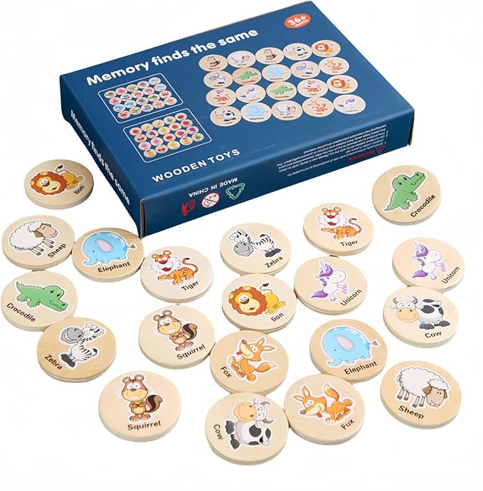 Memory Game for Kids, 20Pcs Wooden Flash Cards for Toddlers Memory Matching, Educational Animal Toys Preschooler Early Memory Practice Learning Travel Activities, Gifts for Boys Girls Age 3-6