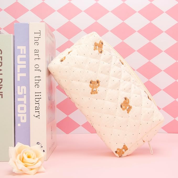 PAZIMIIK Small Quilted Makeup Bag,Zipper Cosmetic Pouch,Gauze Bear,6 Pack | Lightweight Cosmetic Bag Organizer for Women,Purse Storage Holds Makeup,Toiletries,Skincare,Beauty Essentials,Travel Items