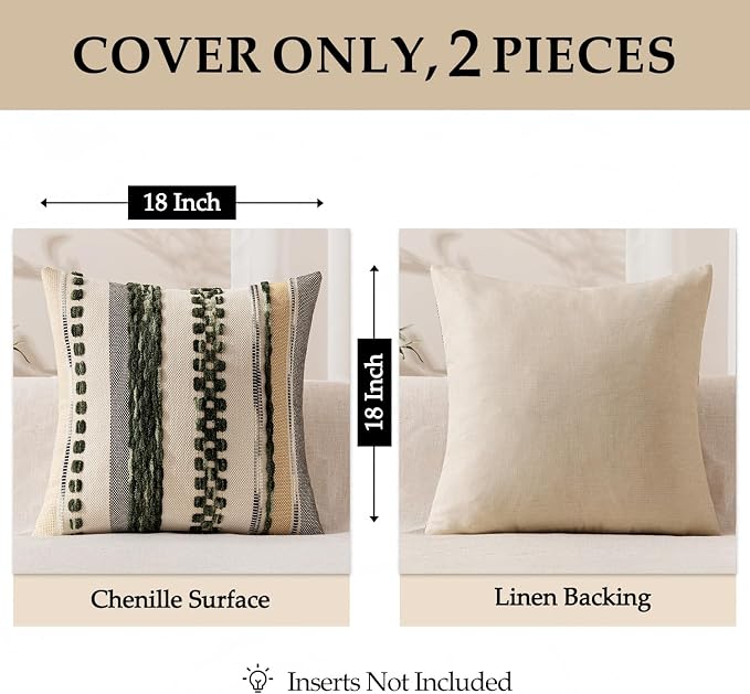 ANRODUO Boho Decorative Pillow Covers 20x20 Dark Green Stripe Pack of 2 | Throw Pillow Covers, Farmhouse Cushion Case, Chenille Pillow Cases, Pillow Covers, Accent Neutral Pillowcase for Sofa Couch