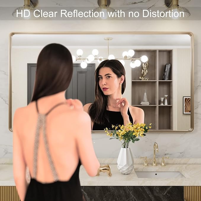 LOAAO 50"X30" Gold Bathroom Mirror | Rounded Rectangle, Brushed Gold Frame, Wall-Mounted, Anti-Rust, Tempered Glass, Hangs Horizontally or Vertically