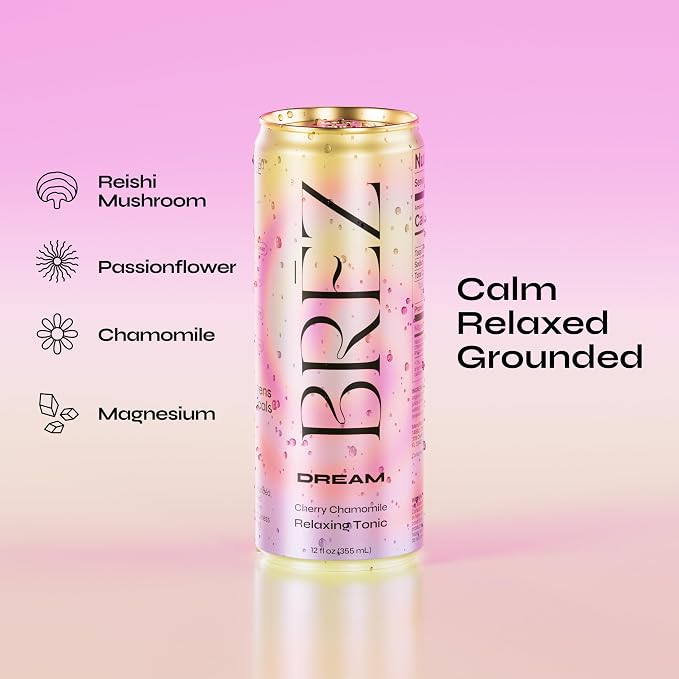 BRĒZ Dream Reishi Mushroom Drink, Non-Infused Relaxing Tonic with Reishi, Chamomile, Tart Cherry, Magnesium & L-Theanine, Vegan Adaptogen Drink for Sleep, Calm & Mood, 12 fl oz - 24 Pack