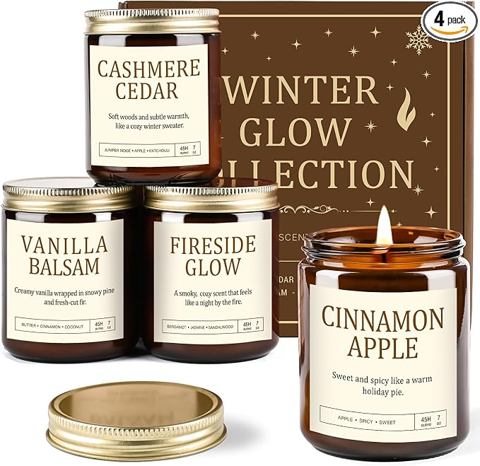 Scented Candles Gift Set, Long Lasting 4 Pack Aromatherapy Candles for Home | 28 oz 200 Hour Burn, Vanilla Balsam, Cinnamon Apple, Cashmere Cedar, Fireside Glow, Gifts