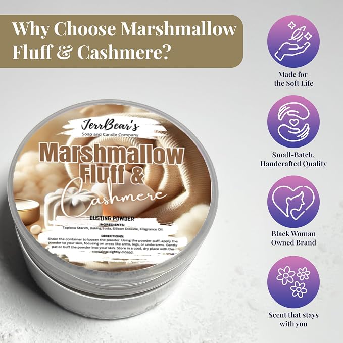 Marshmallow Fluff & Cashmere Dusting Powder for Women, 4oz Jar | Talc Free Body Formula, Soft Scented Skin Care, Gentle Powder for Daily Freshness, Includes Puff Application