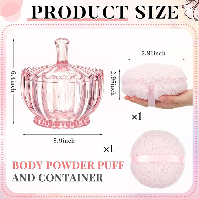 Tioncy 2 Pcs Extra Large Dusting Powder Puff and Container for Women-6'' Glass Crystal Dusting Powder Container Soft Washable Reusable Velour Face(Pink,Scalloped)
