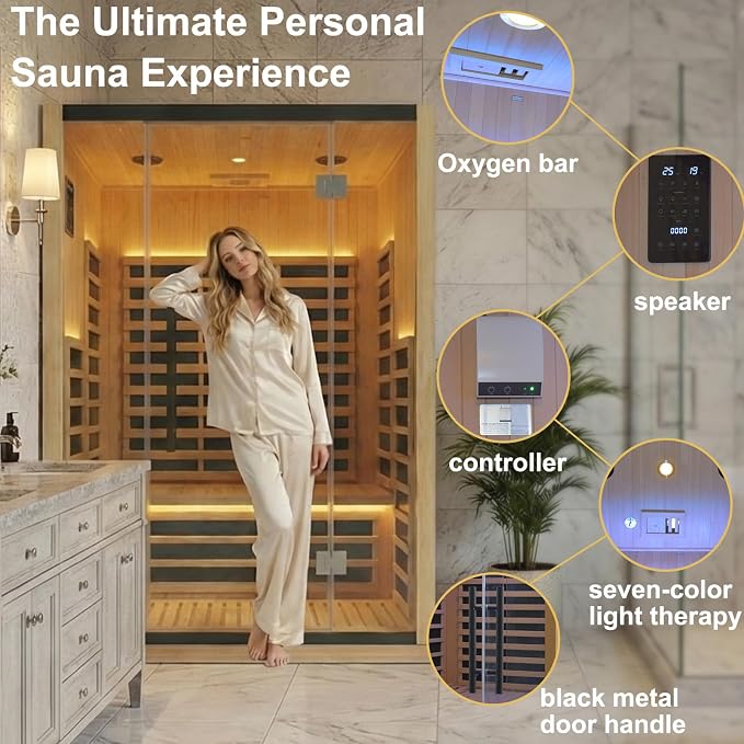Home Infrared Sauna Room 1 Person Wooden Canadian Hemlock 1260W Low Magnetic Graphene Carbon Plate Heater Indoor Saunas (2-3 Person 47.24 * 41.34 * 74.8in)