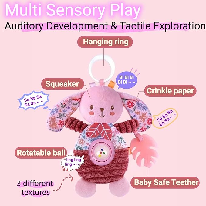 Baby Crib Toys Hanging Stroller Car Seat Toy for Infant 0-3-4-5-6-7 Months Old, Newborn Girl Valentines Day Gifts, Rattle Crinkle Teething Teether for Babies 6-12 Month Easter Basket Stuffers