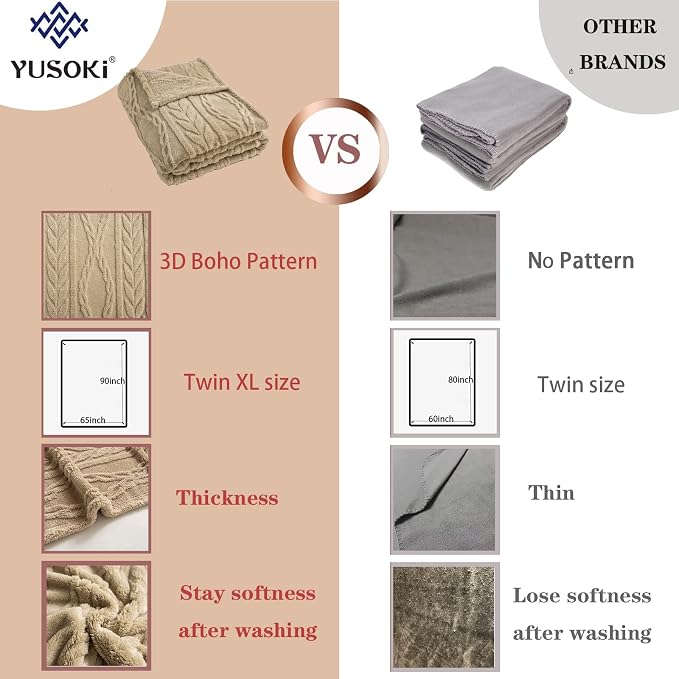 YUSOKI Sherpa Fleece Twin XL Size Blanket, Tan, 65"x90" | 3D Stylish Design,320GSM, Non-Shedding, Lightweight for All Season Use, stays fluffy after repeated washes, Perfect Gifts