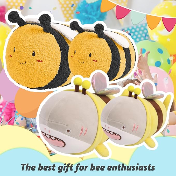 ARELUX 14in Yellow Bee Plush Pillow, Anime Bee Shark Plushie Doll, Soft Stuffed Toy, Kids Plush Pillow