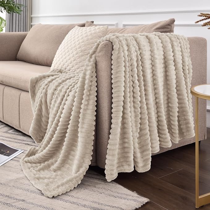 BEDELITE 3D Ribbed Jacquard Linen Fleece Twin Blanket for Bed, 60x80 Inch | Soft Warm Decorative Fluffy Blanket, Cozy Plush Lightweight Fuzzy Throw Blanket for Couch Sofa Room Decor, Gift for Women