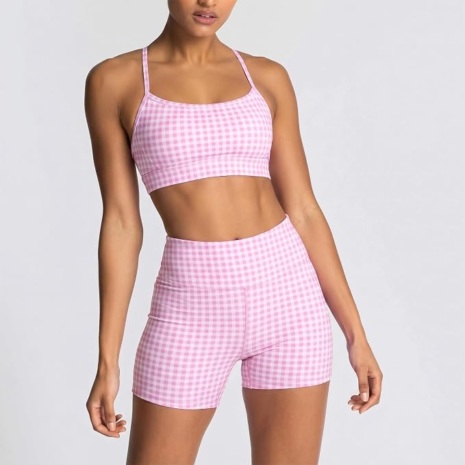 ABOCIW Workout Sets for Women 2 Piece Color Block Strappy Sports Bra High Waist Shorts Gym Yoga Pilates Outfits