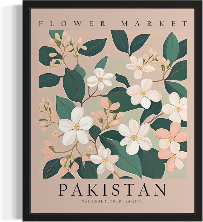 Pakistan, Jasmine Black Framed Art Print Poster, Flower Market Wall Art, Floral Artwork Decor for Bedroom, Kitchen, Bathroom, Livingroom Decoration 52 (Pakistan, Jasmine, 10"L x 8"W, Black Frame)