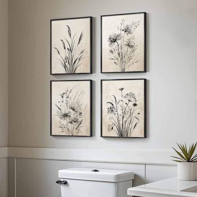 Framed Vintage Rustic Farmhouse Botanical Floral Wall Art, 4 Piece 11x14 In | Retro neutral flower pictures, Waterproof canvas prints, Ready to hang artwork, Kitchen bedroom hallway wall decor