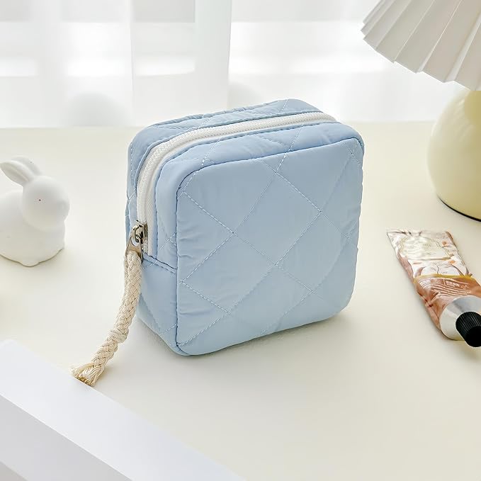 Small Makeup Bag | Discreet Period Bag Pad Pouch for Purse| Sanitary Napkin Storage & Tampon Holder for Travel (Quilted light blue)