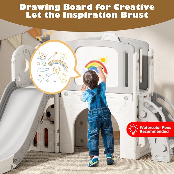 Glaf Toddler Slide 9 in 1 Outdoor Playset Playground Indoor Kids Baby Slides for Toddlers Age 1-3 with Climber Basketball Hoop Telescope Drawing Board and Storage Space for Backyard (Grey)