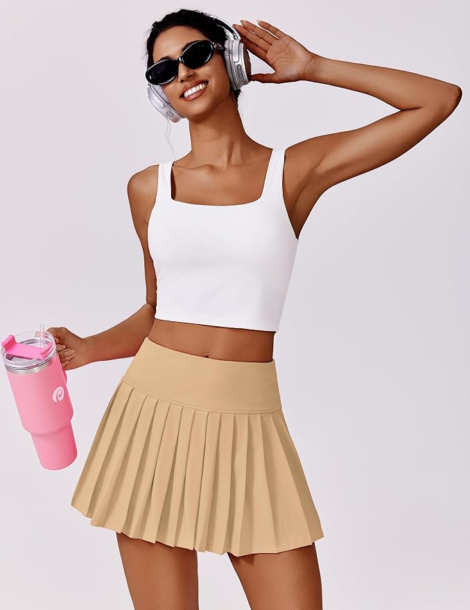 PINSPARK Pleated Tennis Skirts Mini Athletic Golf Skorts with Pocket | 14", High Waist, Lightweight, Quick Dry, Stretchy, Inner Shorts, Sun Protection, Pickleball, Casual, for Women