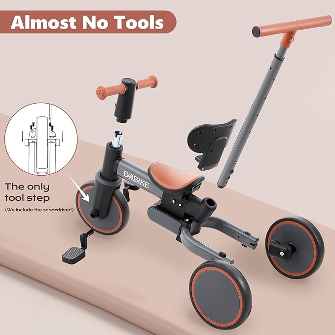 Bobike 5-in-1 Tricycle for Toddlers 18 Months to 5 Years Old, Toddler Bike, Kids Tricycle with Push Handle and Backrest, Toddler Balance Bike with Easy Assembly for Boys and Girls. (Grey)