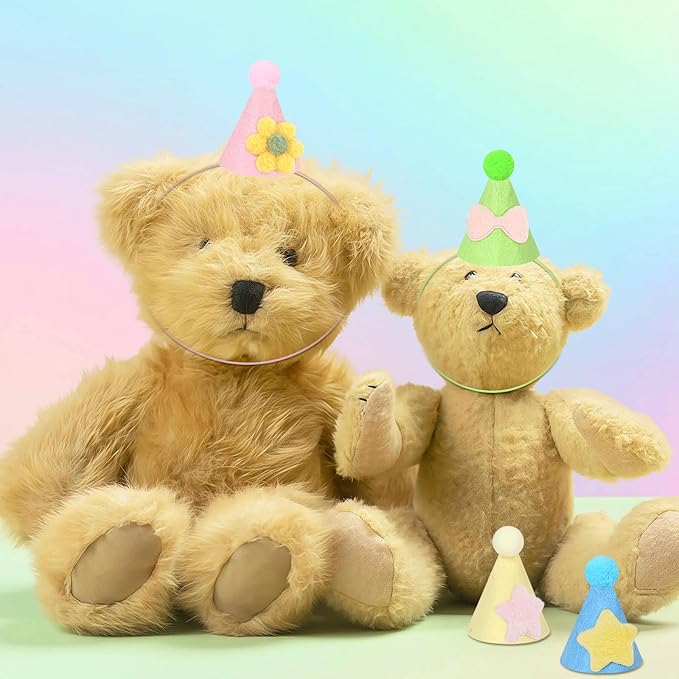 12pcs Mini Party Hats for Stuffed Animals, Macaroon Hats with Pom Pons for Dolls Dog Cat Rabbit Puppies Assorted Animal Birthday Decorations