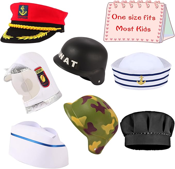 12PCS Pretend Career Hats, Dress Up Role Play Hats, Wigs, Helmets for Kids, Halloween Costume Role Play Dressup Set Police, Builder, SWAT, Army, Soldier, Lawyer, Astronaut, Captain, Chef, Nurse etc.