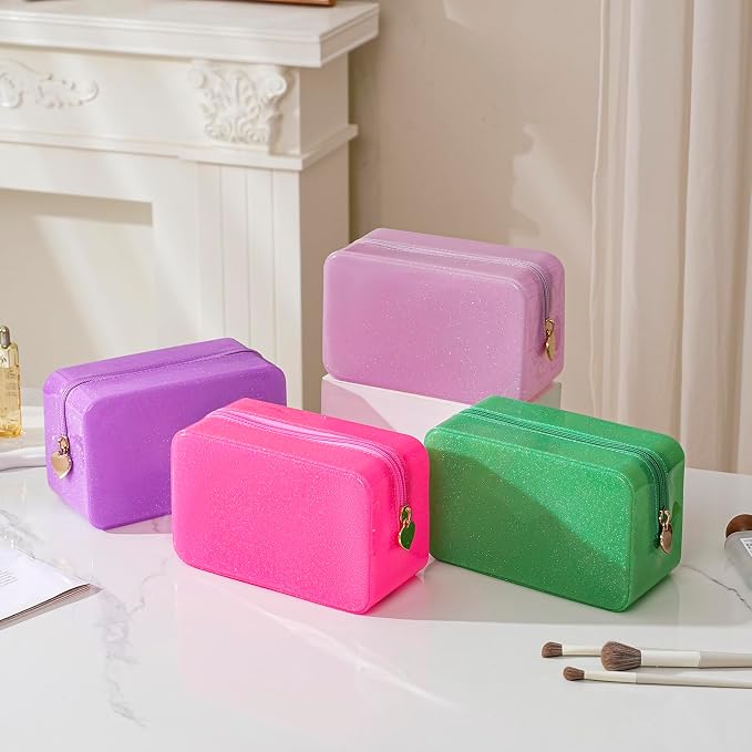RSRSLEII Stardust Twinkle Jelly Travel Makeup & Toiletry Bag, Waterproof PVC Cosmetic Bag/Case for Women，Zipper SPF Beach Bag for Sunscreen Skincare and Daily Essentials (01Pink)