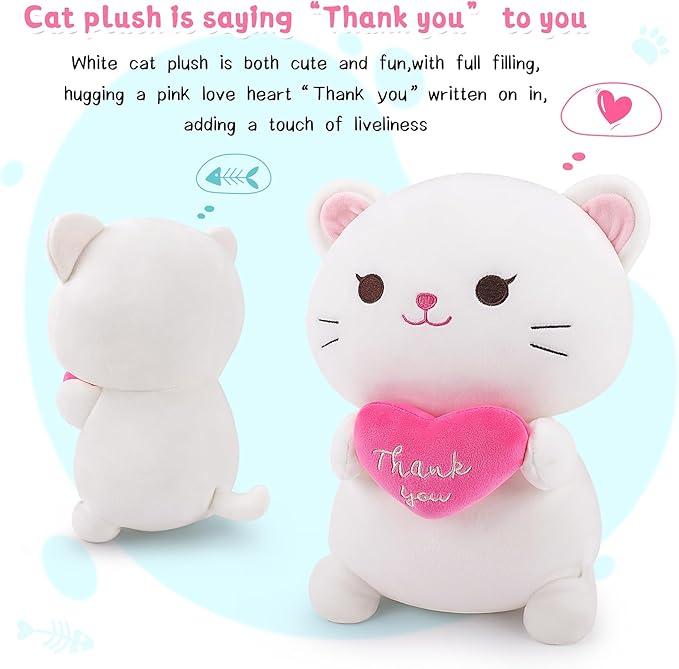 Achwishap Cat Stuffed Animal-Thank You Cat Plush,14” Cats Plush Toys Birthday Gifts for Kids,Cute Plushies Soft Kitten Plushies Kawaii Stuffed Huggging Pillow,Gratitude Animal Pillow for Adults,White