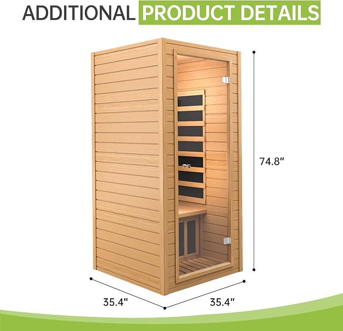 Real Relax 1 Person Infrared Sauna, Indoor Near Zero EMF Canadian Hemlock Wood Sauna with 1400W, 9 Chromo Therapy Lights, Oxygen Lonizer, Bluetooth, LCD Control Pannel for Home Spa Days
