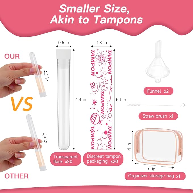 64 Pcs Tampon Flasks Set Includes 20 Reusable Plastic Flasks, 40 Self Adhesive Wrappers, 2 Funnels, Clear Storage Bag, Clean Brush, Tube Flasks for Cruise Event, Concert, Outdoor Sports (White)