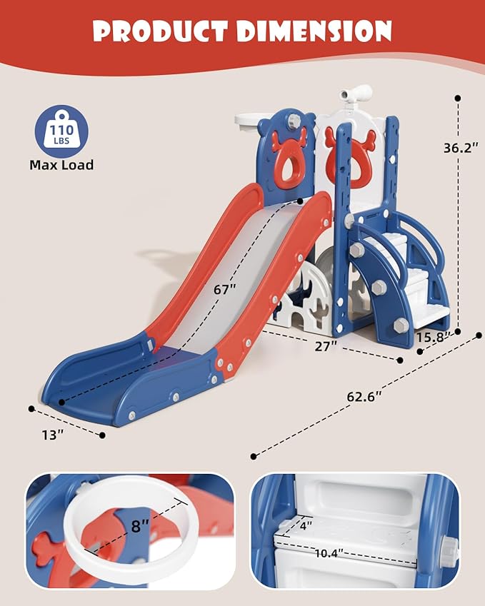 YUFU 7 in 1 Kids Slide for Toddlers, Toddler Slide Playset with Golf, Climber, Basketball Hoop and Ball, Indoor Outdoor Toddler Playground for Kids Age 1-3 (Blue Red)