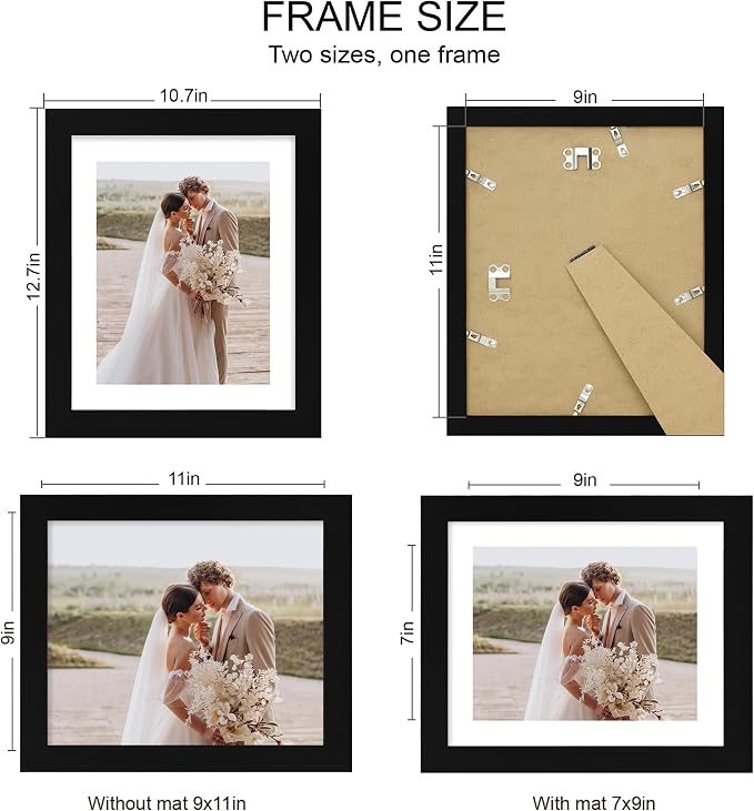 Hongkee 9x11 Picture Frame Set of 4, Made of Real Glass and Black Frame - Display Picture 7x9 with Mat or 9x11 Without Mat, 9 by 11 Photo for Wall or Tabletop