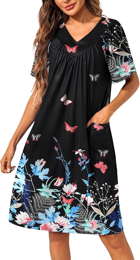 Ekouaer Womens House Dress Floral Print Nightgown with Pockets Mumu Dress