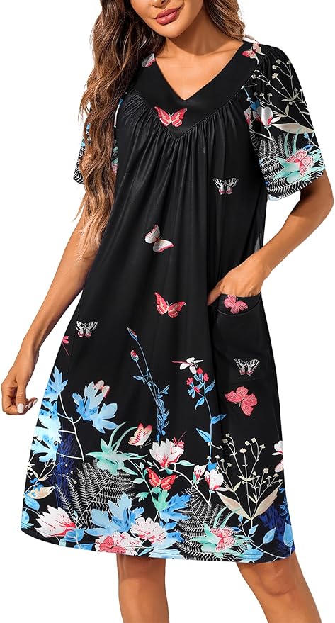 Ekouaer Womens House Dress Floral Print Nightgown with Pockets Mumu Dress