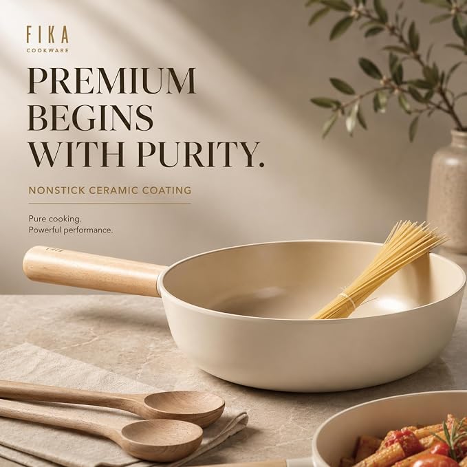 FIKA 10-Inch Nonstick Ceramic Coated Flat Bottom Wok Pan with Natural Wooden Handle, Induction Compatible, Deep Stir Fry Cooking Pan, Made in Korea (26cm)