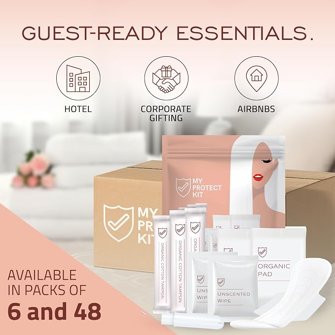 MY PROTECT KIT Feminine Care Kit - 11 Pieces First Period Kit, Compact Hygiene Set for Women, Essentials with Cotton Tampons, Organic Pads & Wipes, Pack of 6