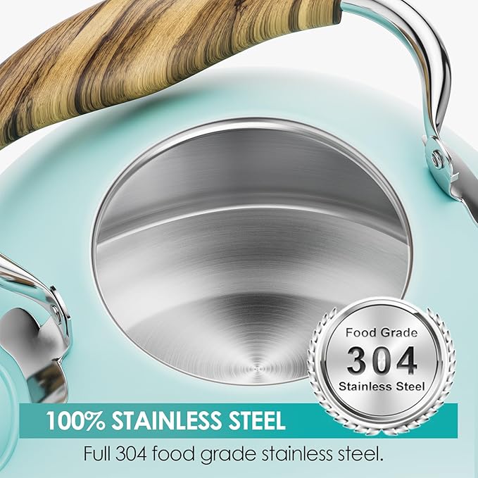 2.6 Quart Tea Kettle Stovetop Whistling for Stove Top, Blue | Food Grade Stainless Steel Tea Kettles with Cool Wood Pattern Handle, Induction Compatible