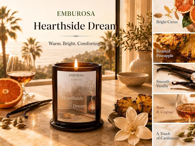 Vanilla Rum & Sunlit Citrus Scented Jar Candle, Warm Fruity Aroma for Relaxing Home, Luxury Aromatherapy Candle with Soy Blend Wax, 10oz / 60H, EMBUROSA