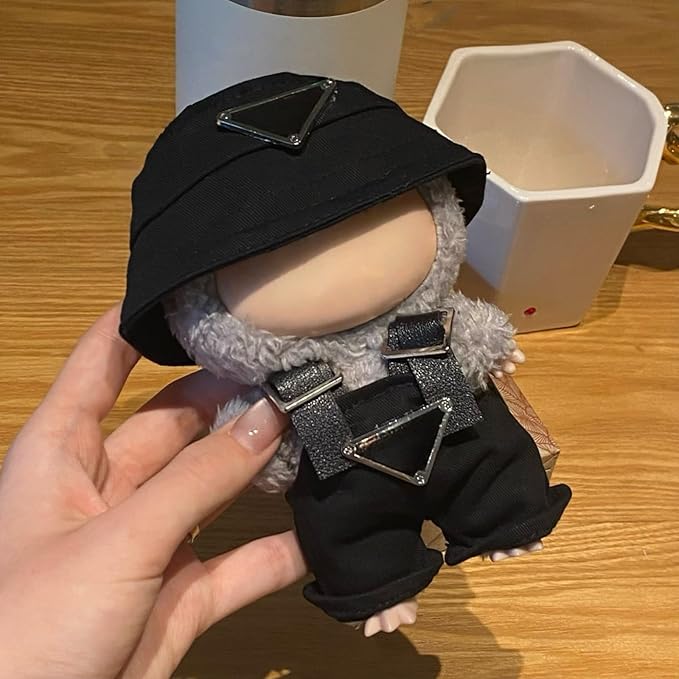 Clothes for 17cm Dolls(NO Doll)，Premium Handmade Clothes，Adjustable Kawaii Outfits for Clothes Set，Dolls Keychain Accessories，Bucket Hat+Overalls (Black)