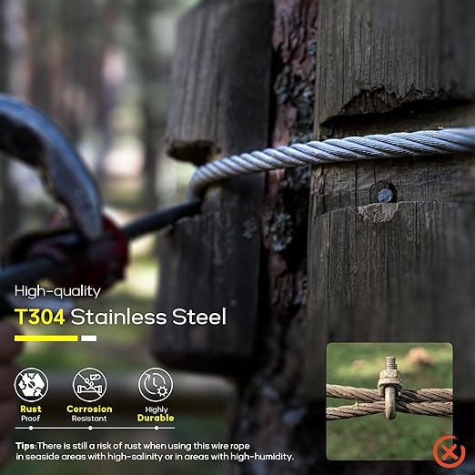 1/4" Stainless Steel Cable, 100FT Wire Rope Aircraft Cable with Cable Clamps and Thimbles for Backyard Zipline, String Lights and Deck Railing, 6x37 Strands Construction