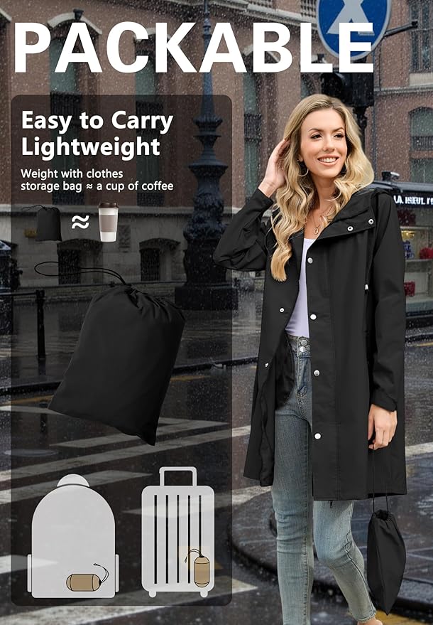 Zando Long Packable Rain Jacket Women Waterproof Raincoat with Hood | Relaxed-Fit Lightweight Windbreaker for Women; Travel Rain Coats for Commute, Hiking, Cruise, and Daily wear