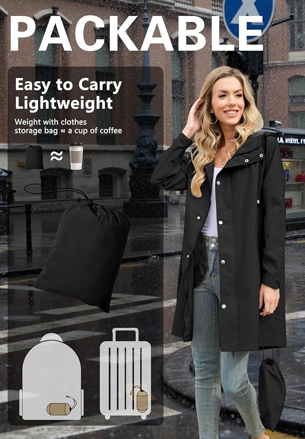 Zando Long Packable Rain Jacket Women Waterproof Raincoat with Hood | Relaxed-Fit Lightweight Windbreaker for Women; Travel Rain Coats for Commute, Hiking, Cruise, and Daily wear