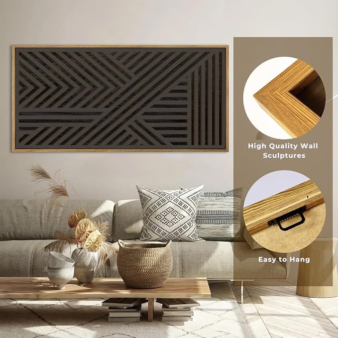 IARTTOP Extra Large Wood Black Wall Art 20x40 Inch Framed Abstract Geometric Wooden Wall Decor Modern Minimalist Neutral Wall Sculpture for Living room Bedroom Dining room Single